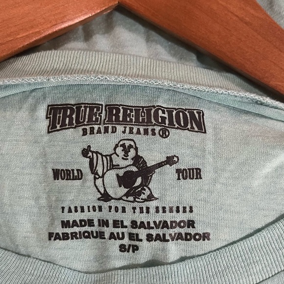 Women’s Tru Religion aqua short sleeve t-shirt w/ black crystal script Buddha S - Picture 3 of 5